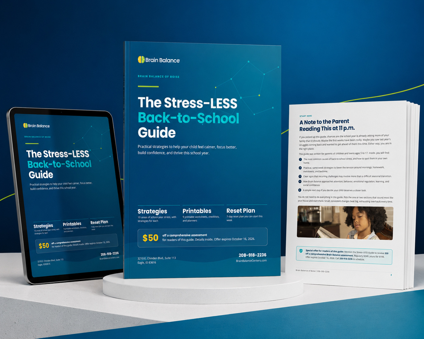 The Stress-LESS Back-to-School Guide shown as a printed booklet, on a tablet, and as printable inside pages