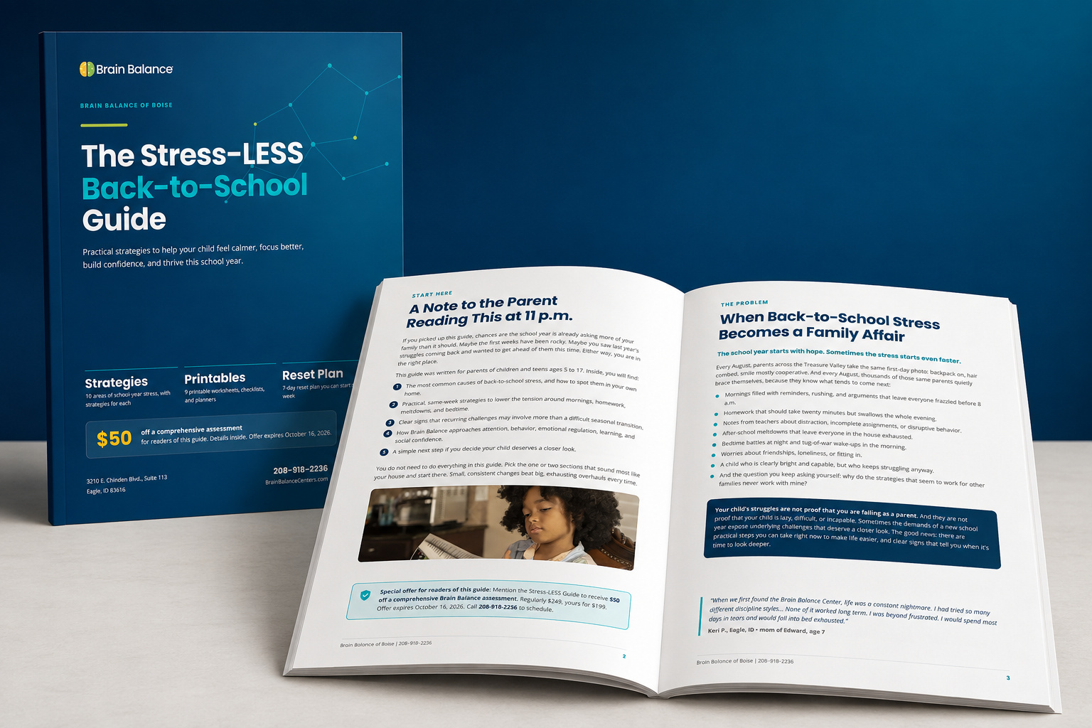 The Stress-LESS Back-to-School Guide open to a two-page spread